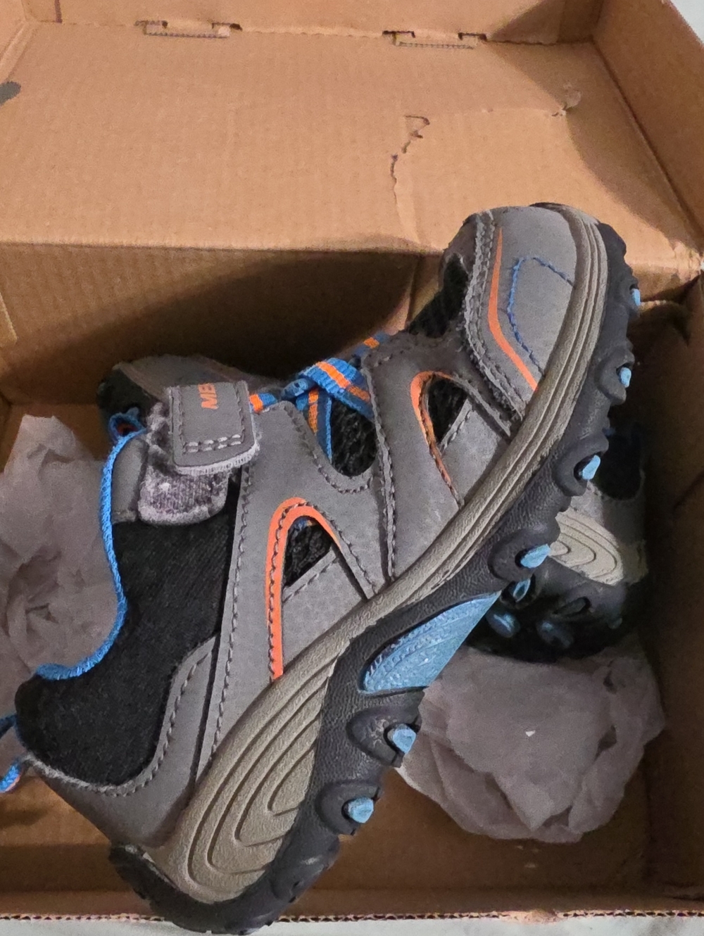 Merrell Kids Gray & Blue Active Sandals with Orange Accents 8.5C